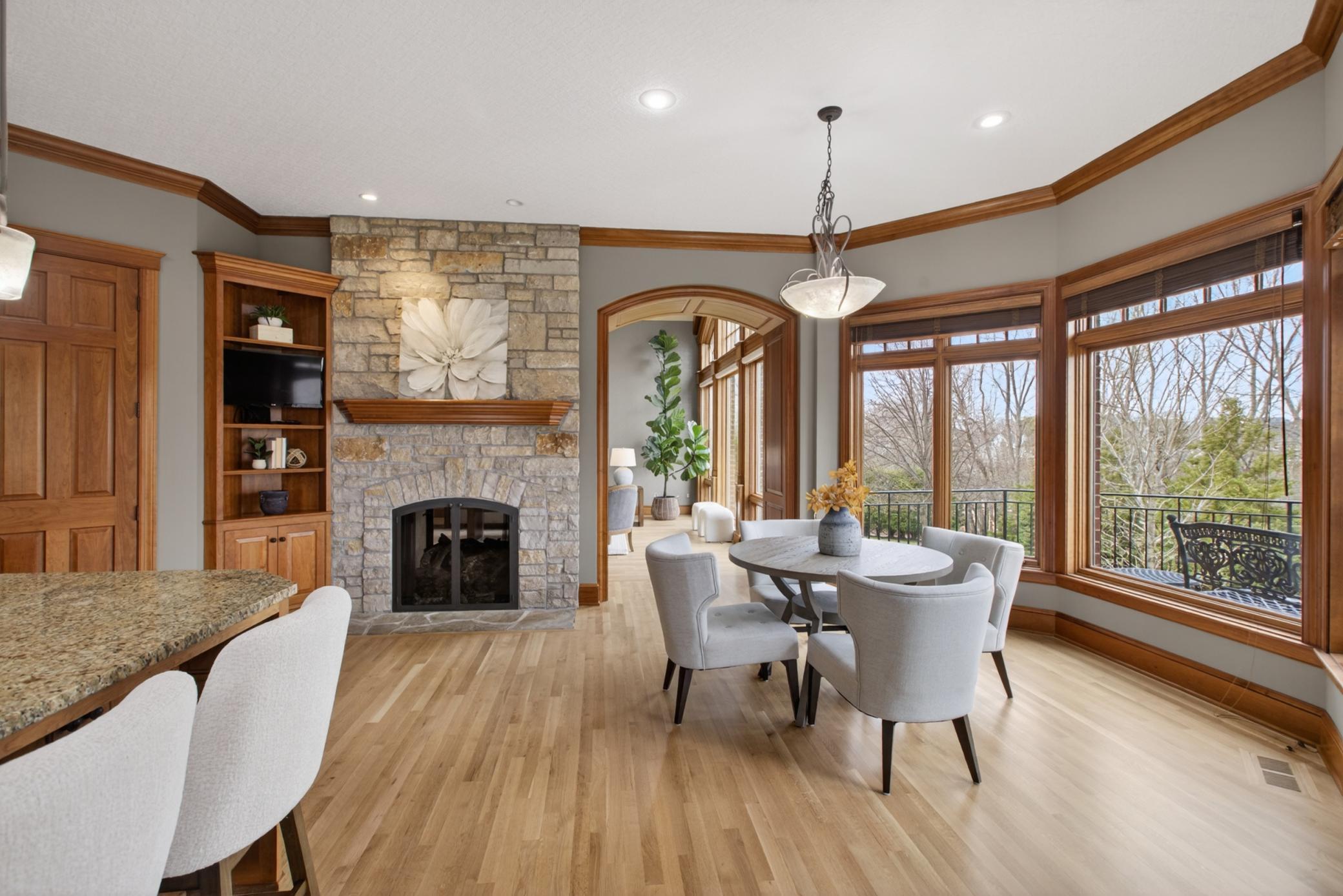 Stone fireplace in kitchen