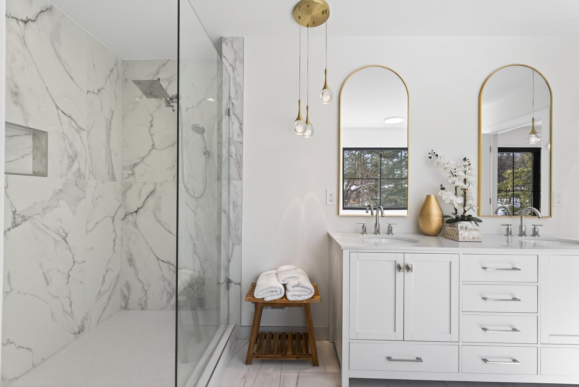 Large walk-in shower with no door—easy to enter, low-maintenance, and more spacious