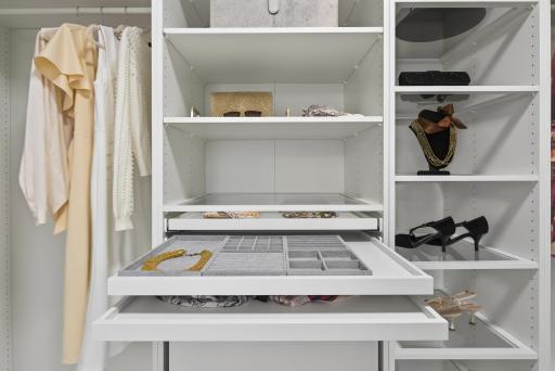 Custom walk-in closet with mirrored glass doors, pull-out drawers, and a mix of hanging and shelf space