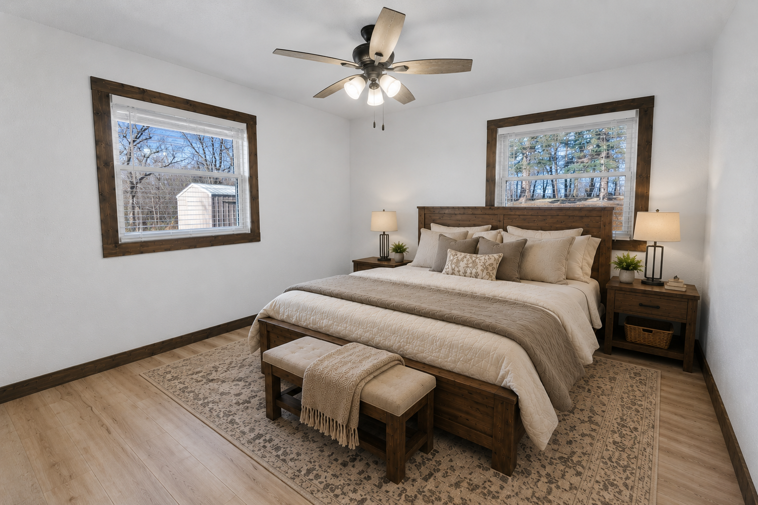 Second main level bedroom with dual windows, neutral tones, and a ceiling fan. Image has been virtually staged.