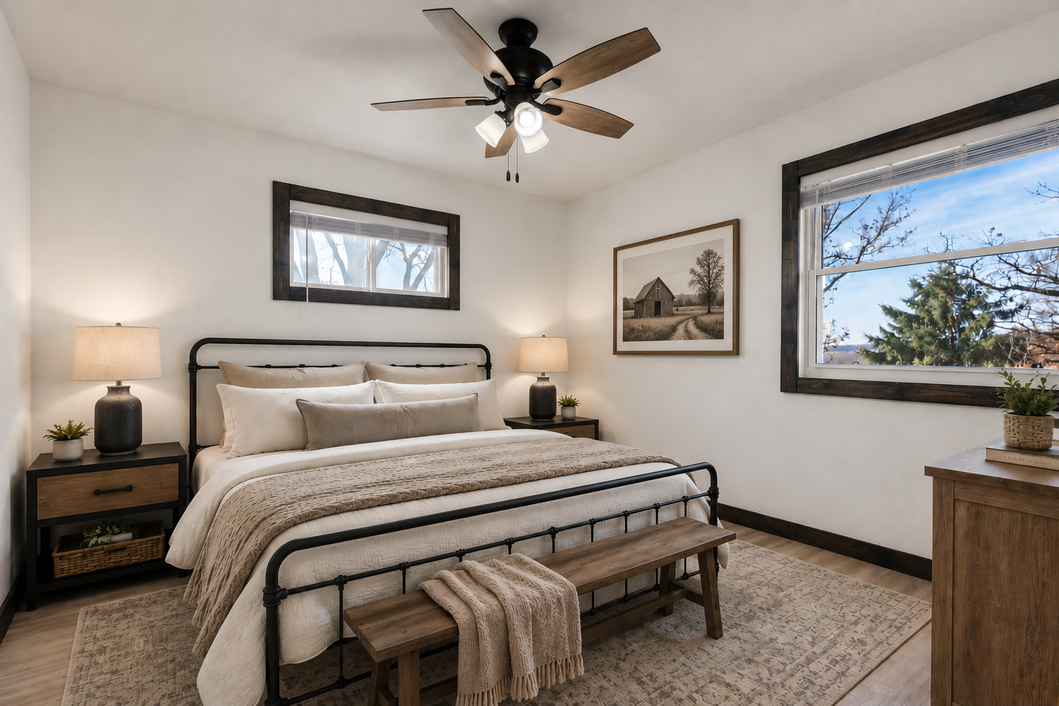 The first main floor bedroom has gleaming LVP floors, neutral paint, dual windows, and a ceiling fan for added comfort year round! Image has been virtually staged.
