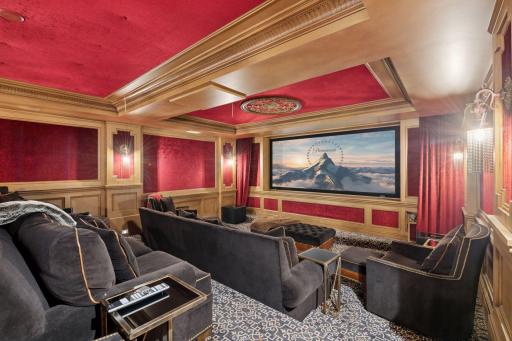 The stadium seating ensures that every guest has a perfect view of the screen, providing comfort and style with plush, tiered chairs that enhance the cinematic ambiance.