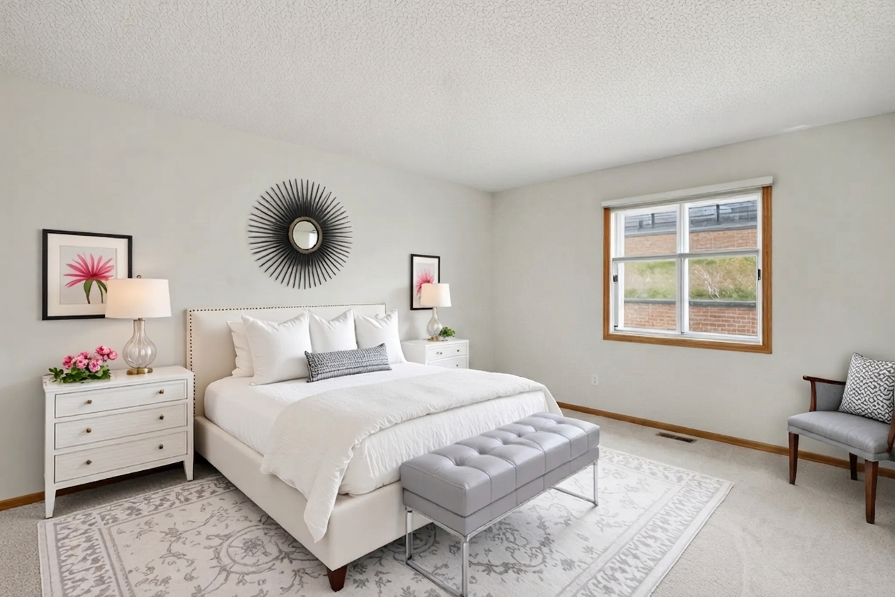 Primary bedroom, virtually staged to show layout potential, one of 2 bedrooms in this Apple Valley townhome