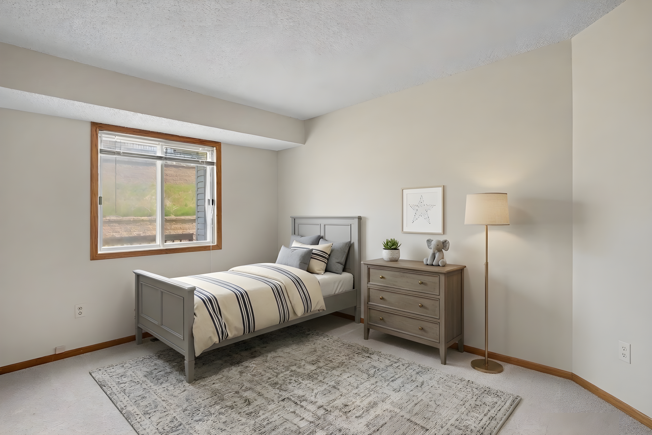 Second bedroom, virtually staged, flexible as a guest room, office, or nursery