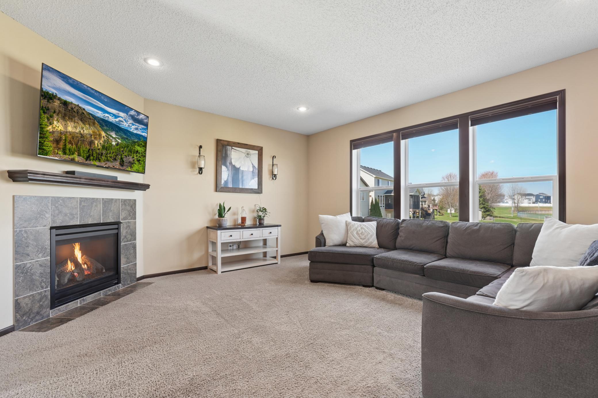 Open, bright, spacious family room with gas fireplace overlooking the back yard and park