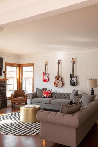 Light filled spacious living room with lake views