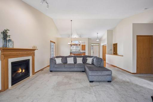 Cozy Fireplace view to Kitchen.
