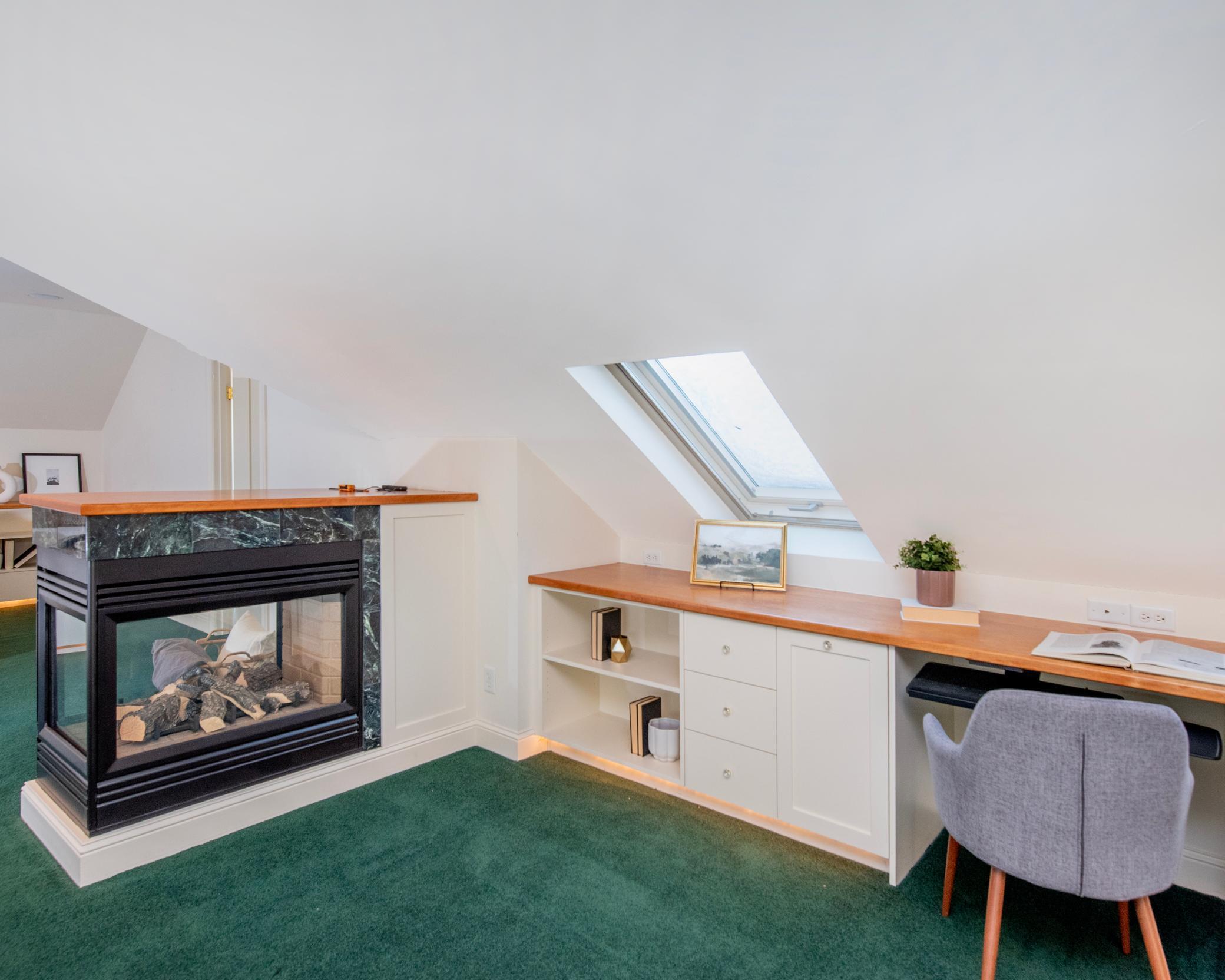 Three sided gas fireplace for cozy nights