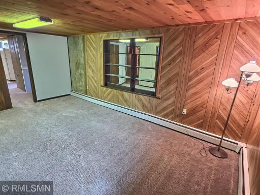 The lower level opens to a versatile space, made of carpet floors, paneled walls, and baseboard siding.