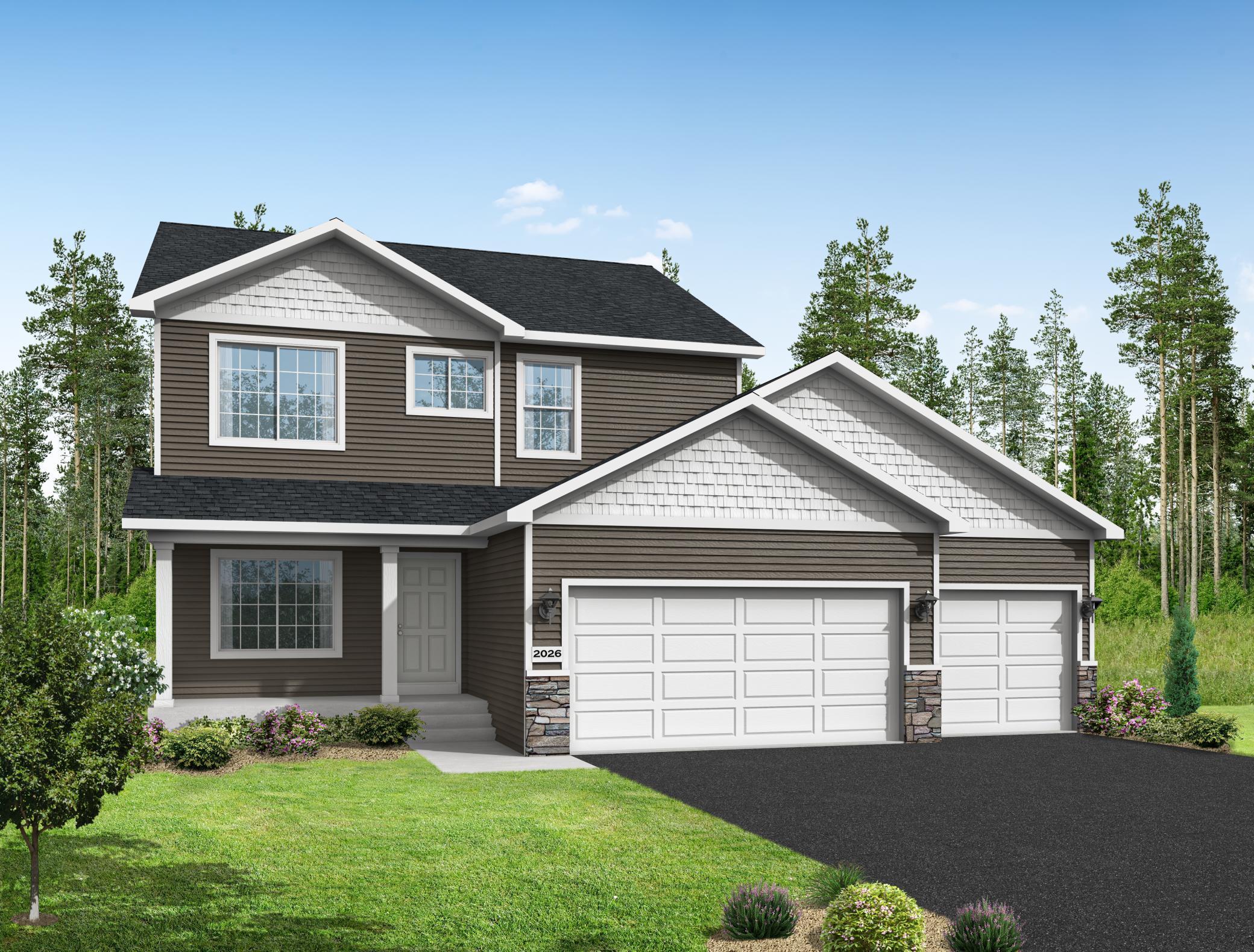 Rendering showcases Stone Accents & Concrete Front Porch. Exterior color scheme will be different than shown on rendering. Highlights include a 4 BAY GARAGE on Walkout Homesite! Rendering may not depict actual plan, material, & finishes included.