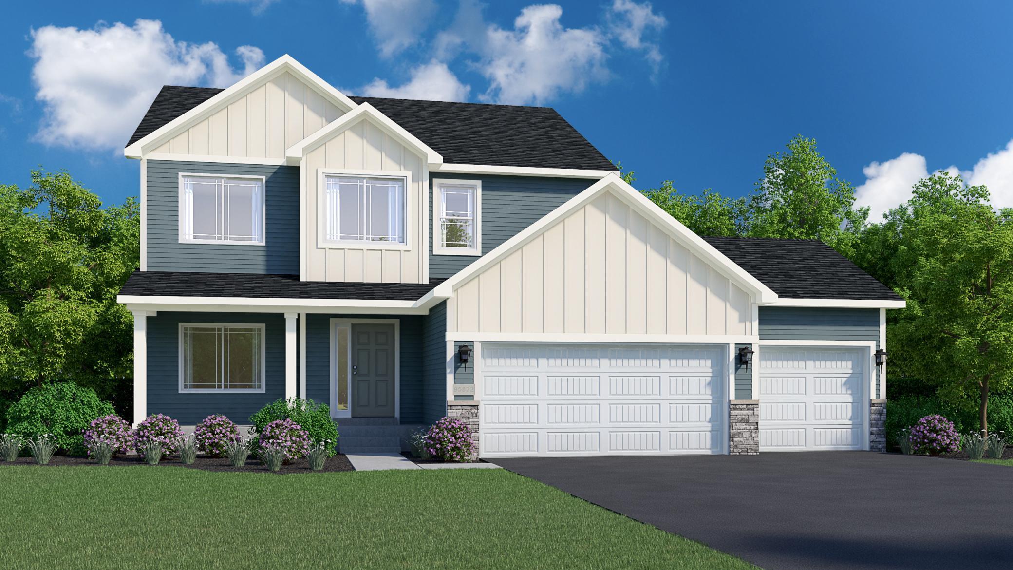 Rendering showcases Stone Accents and Concrete Front Porch. Highlights include a 4 BAY GARAGE on a WALKOUT HOMESITE! Exterior color scheme will be different than shown. Rendering may not depict actual plan, material, & finishes included in this home.