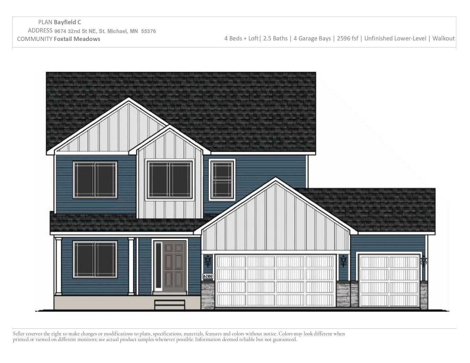 9674 32nd St NE - Rendering showcases the exterior color portfolio selected for this home. Rendering may not depict exact color match. Home is estimated to be ready for a July move-in. Sod, Irrigation System, & Front Plantings included.