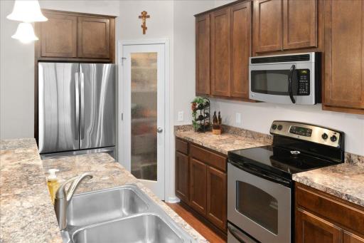 Smart kitchen layout with easy access to storage and prep space.