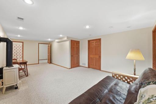 917 Anderson Way Alexandria, MN 56308 Lower family room with storage under the stairs, extra full bathroom, bedroom and bonus utility room and storage room.
