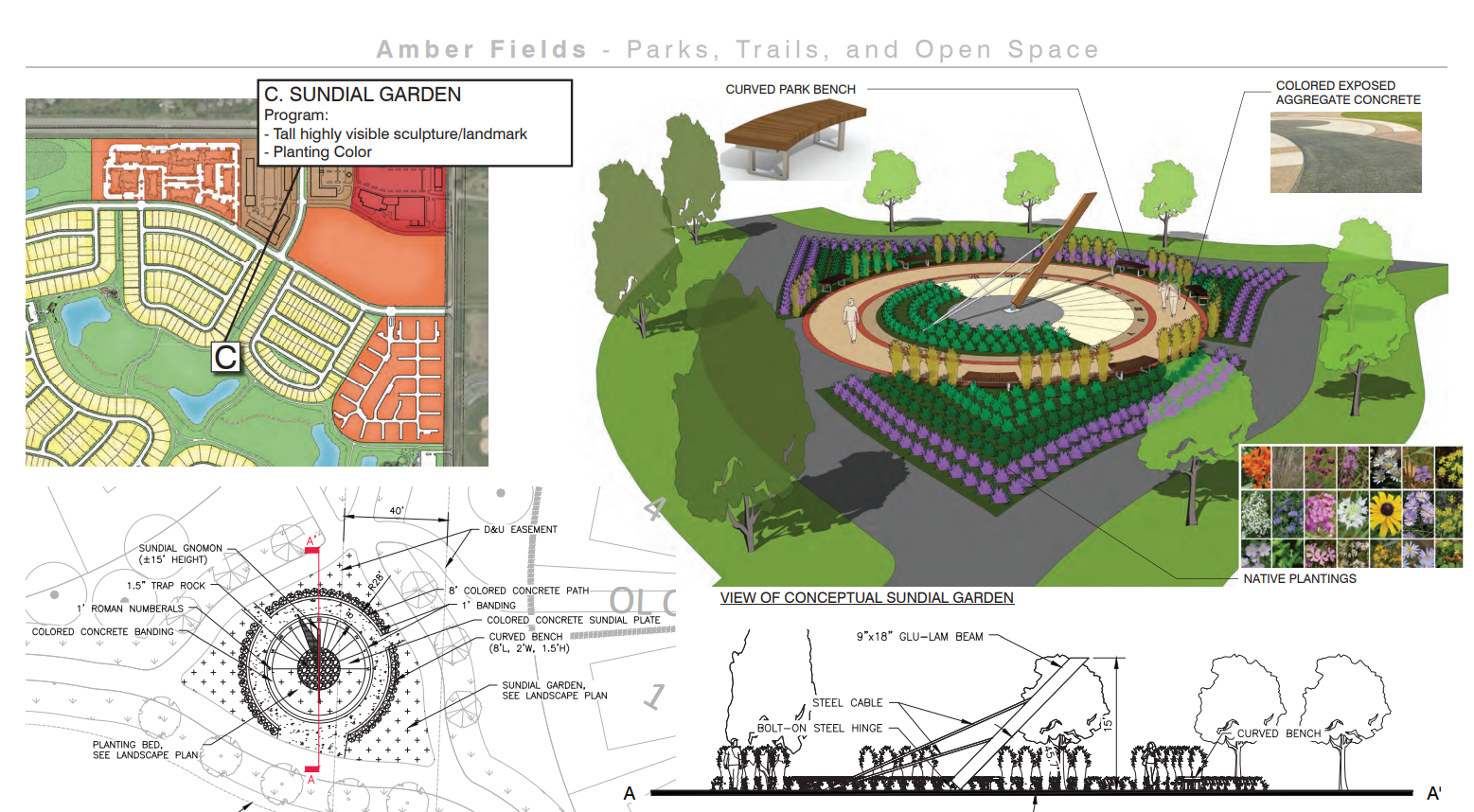 The plan includes nearly 4.5 miles of local path connections and trails in addition to neighborhood sidewalks. The large open spaces within the park will provide great opportunities for passive activities (wildlife viewing, walking and vistas).