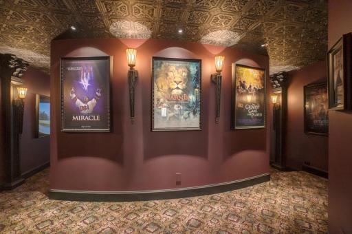 The theater room is designed to replicate a private cinema, complete with tiered seating, ambient lighting, and an immersive viewing experience. (entrance to the theater room)