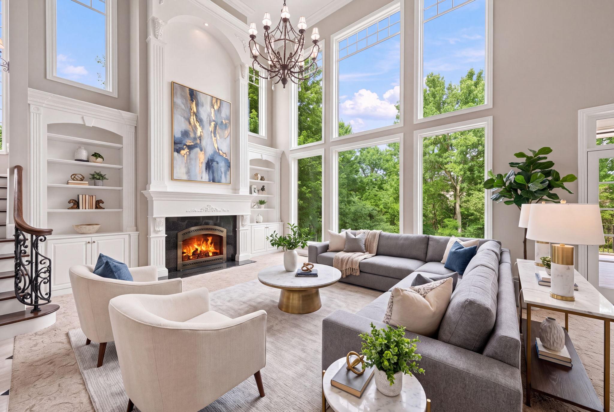 A showstopping living room with soaring ceilings and custom built-ins centers around a statement fireplace.(virtually staged)