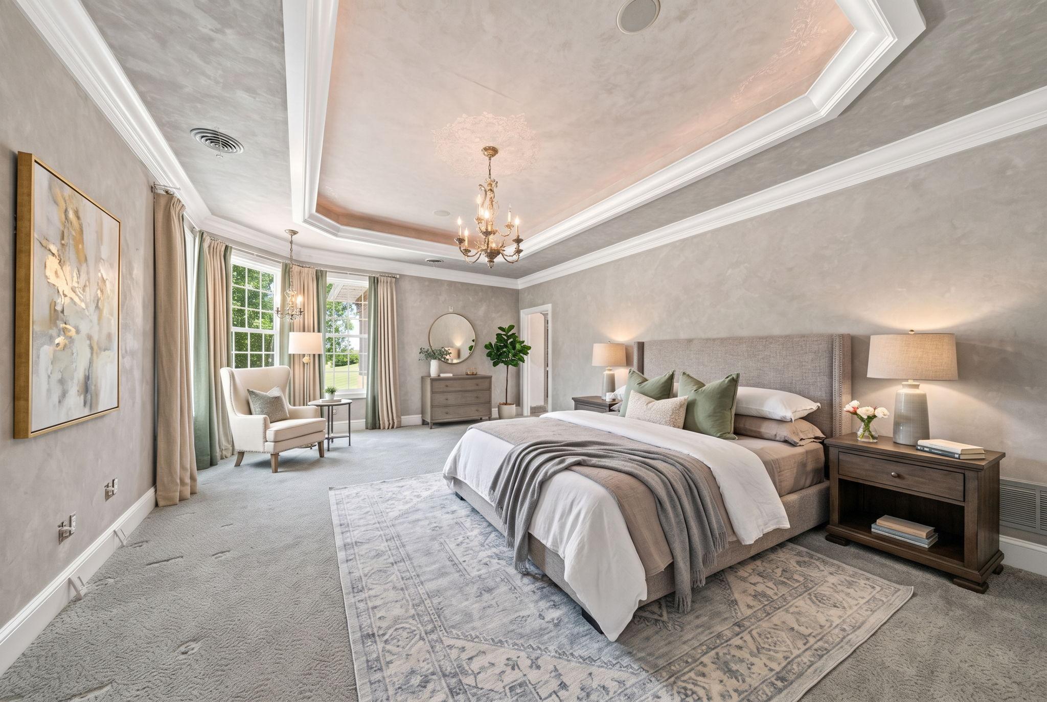 Upstairs, the primary suite is a private sanctuary, featuring a spa-inspired bath with heated marble floors, a soaking tub, a walk-in shower, and a custom-designed wardrobe room. (virtually staged)