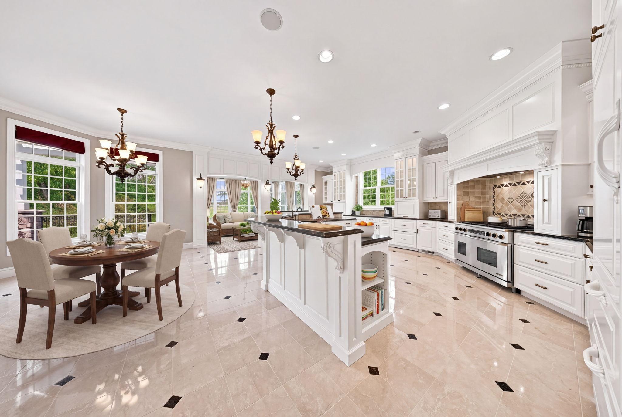 The professional kitchen features a Sub-Zero refrigeration, Dacor ovens, dual dishwashing drawers, warming drawers, & additional integrated refrigerator & freezer drawers, all seamlessly concealed within custom cabinetry. (virtually staged).