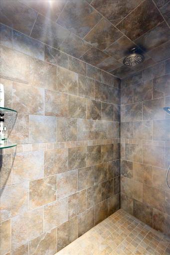 Walk-in tiled shower with rain head.