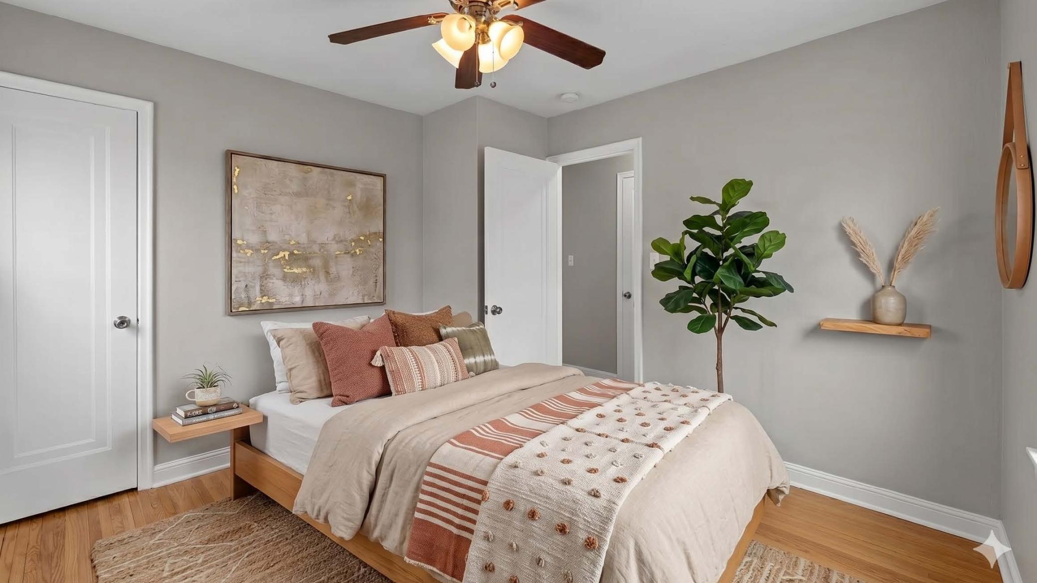 Panelled doors, white trim and beautiful modern, neutral colors. (virtually staged to envision the possibilities).