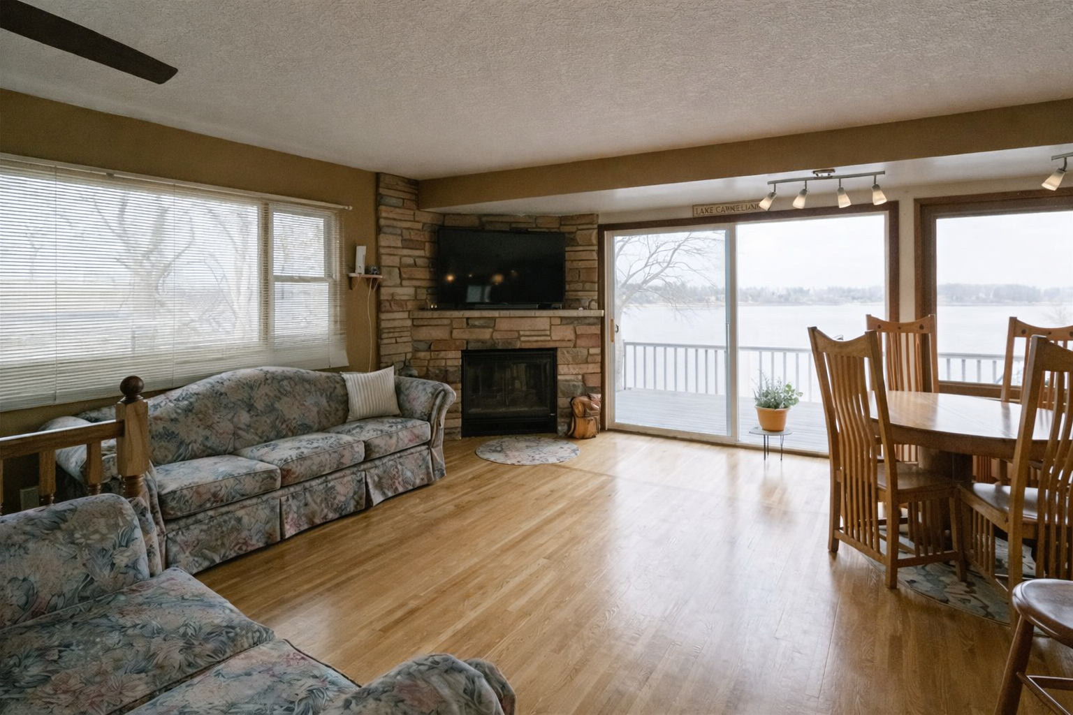 Stone Fireplace & lots of natural light