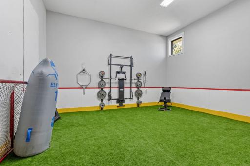 Next-level home setup with your own sport court that includes turf flooring, high ceilings, and plenty of room to train, practice, and play without ever leaving home.