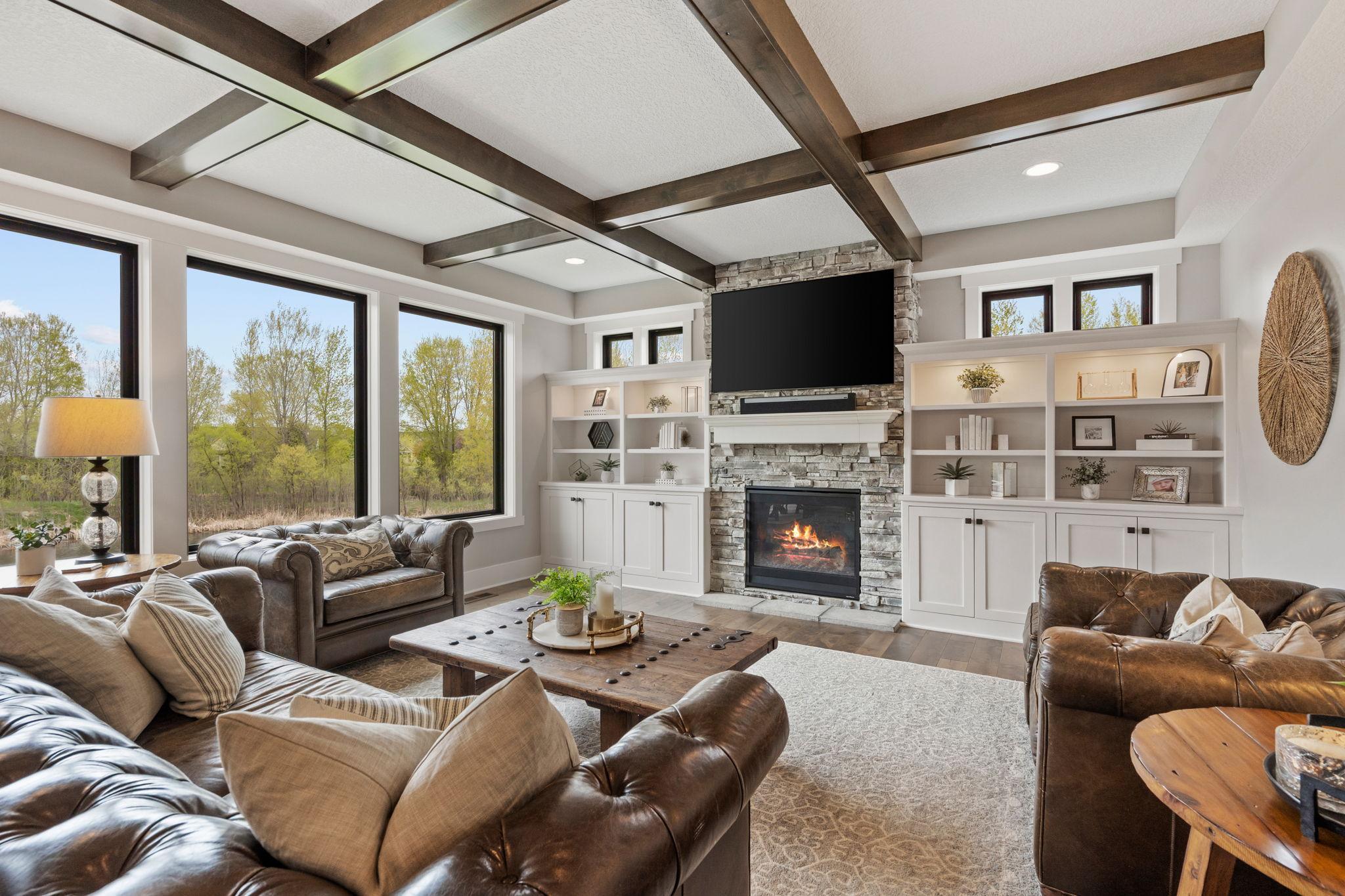 Custom coffered ceiling adds depth, character, and a high-end architectural statement.