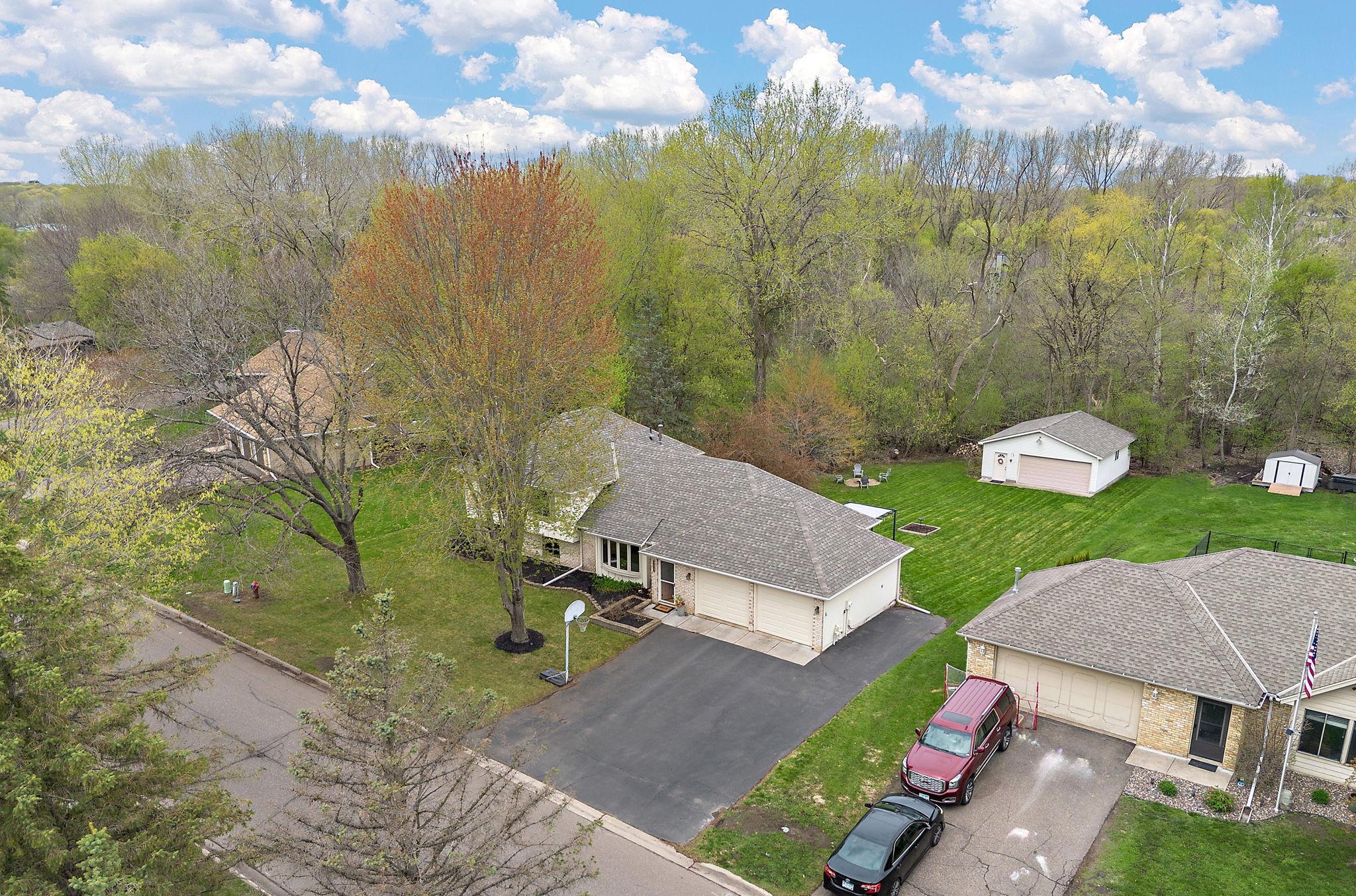An aerial view of the property from the front.