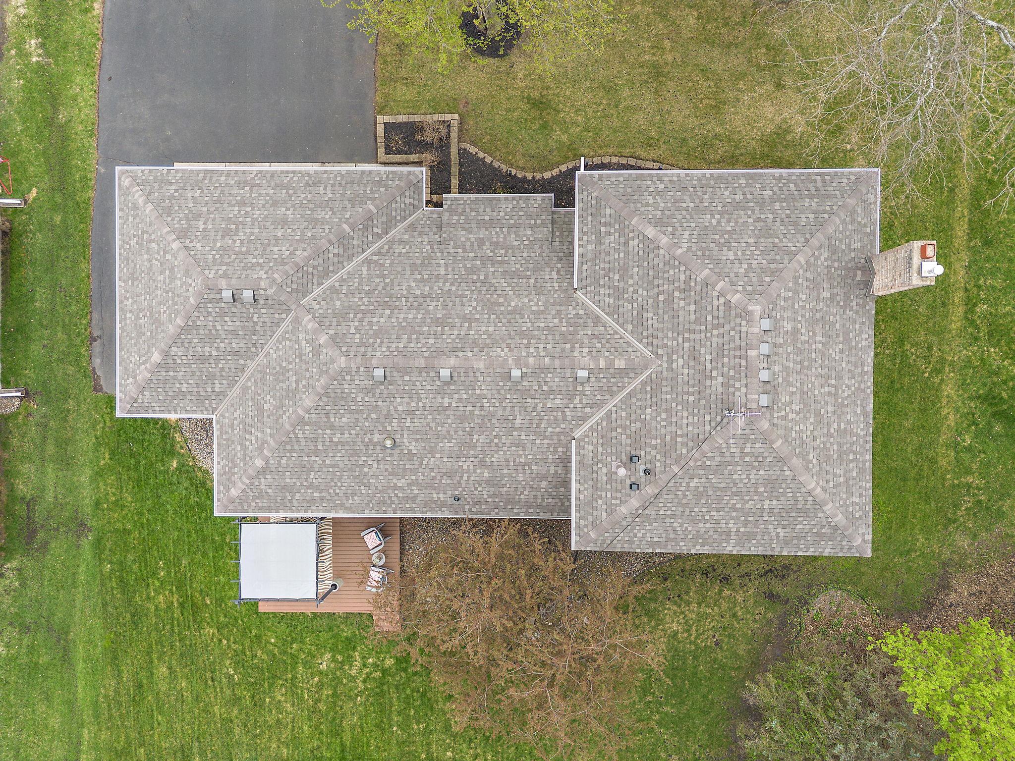 An aerial view of the new roof put on in April 2026.
