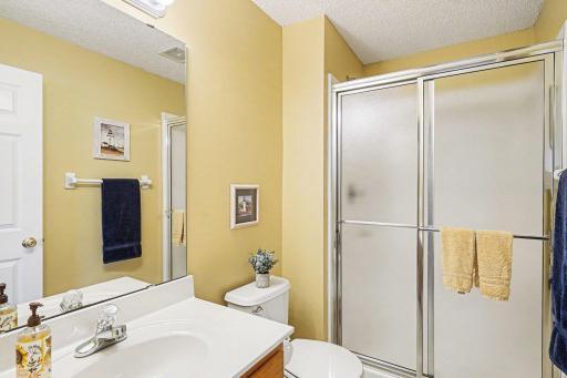 The 3/4 bath is off the family room in the lower level.