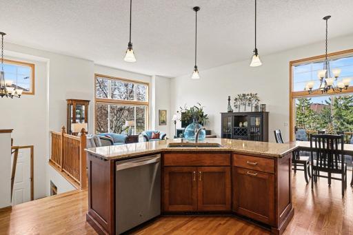 View from the kitchen into the living and dining room.