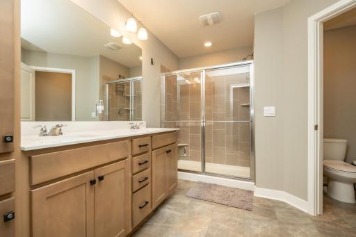 Primary ensuite with dual sinks, shower, toilet room and access to your 2nd closet (next photo)