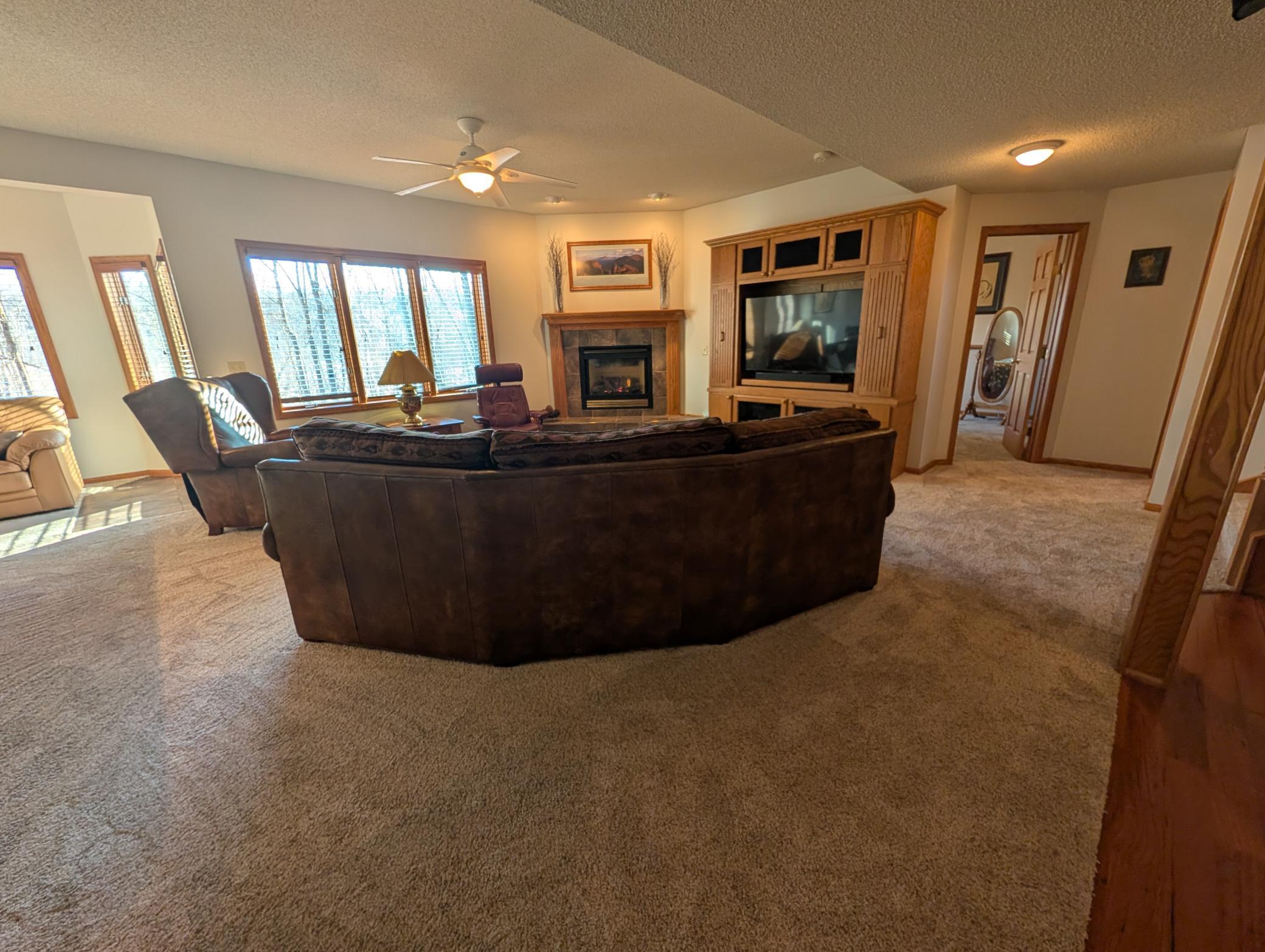 Lower level with fireplace, custom built in and large windows to enjoy the natural views