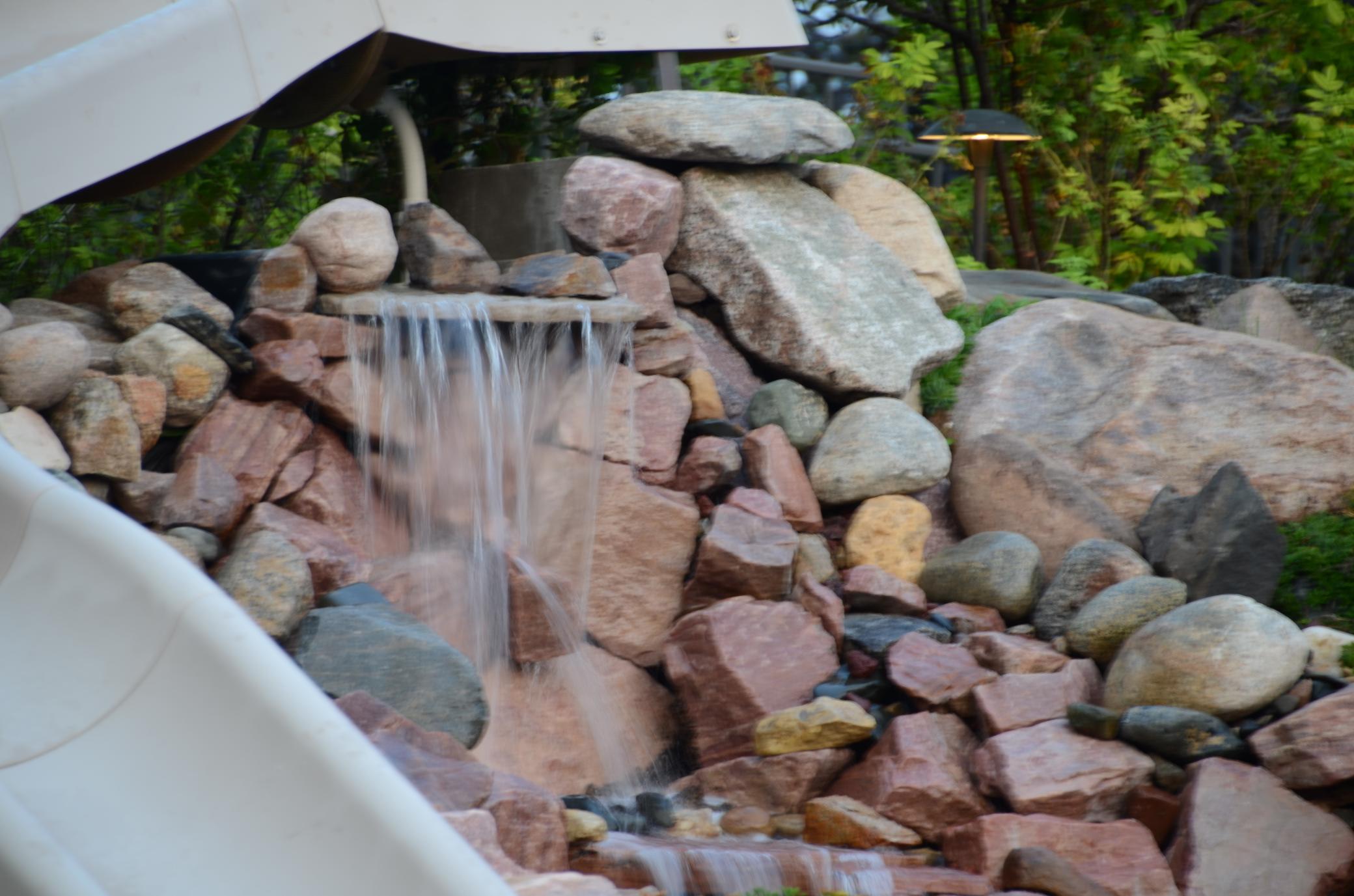 A close up of the built in natrual waterfall