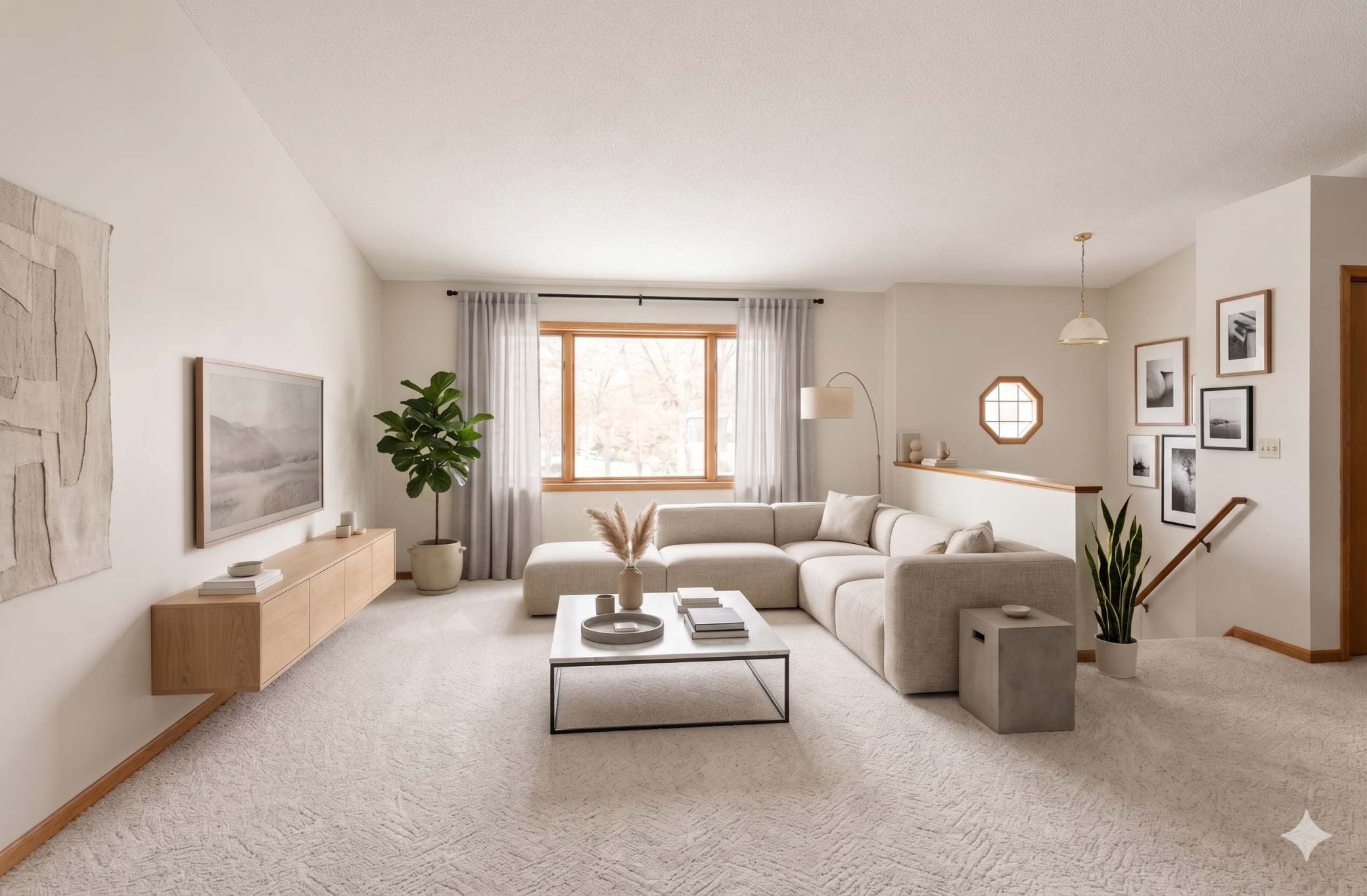 Main level: living room with new carpet (virtually staged)