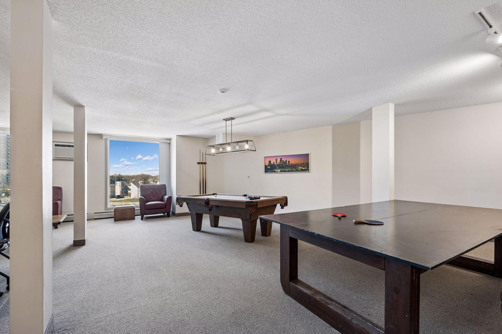 Large meeting and recreation room hosts ping-pong and billiard tables!