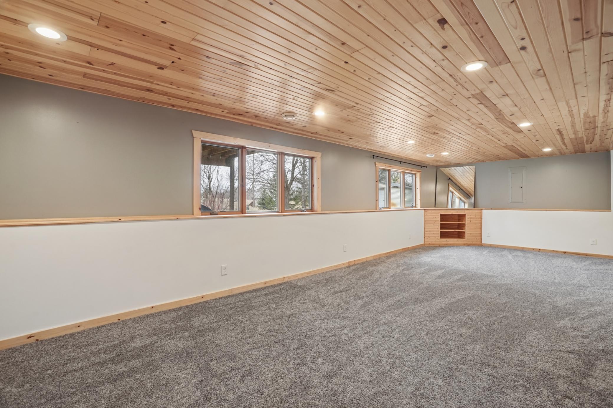 LL family room offers look out windows and SO. MUCH. SPACE! Beautiful tongue and groove ceilings, newer carpeting.. the ideas are endless!!