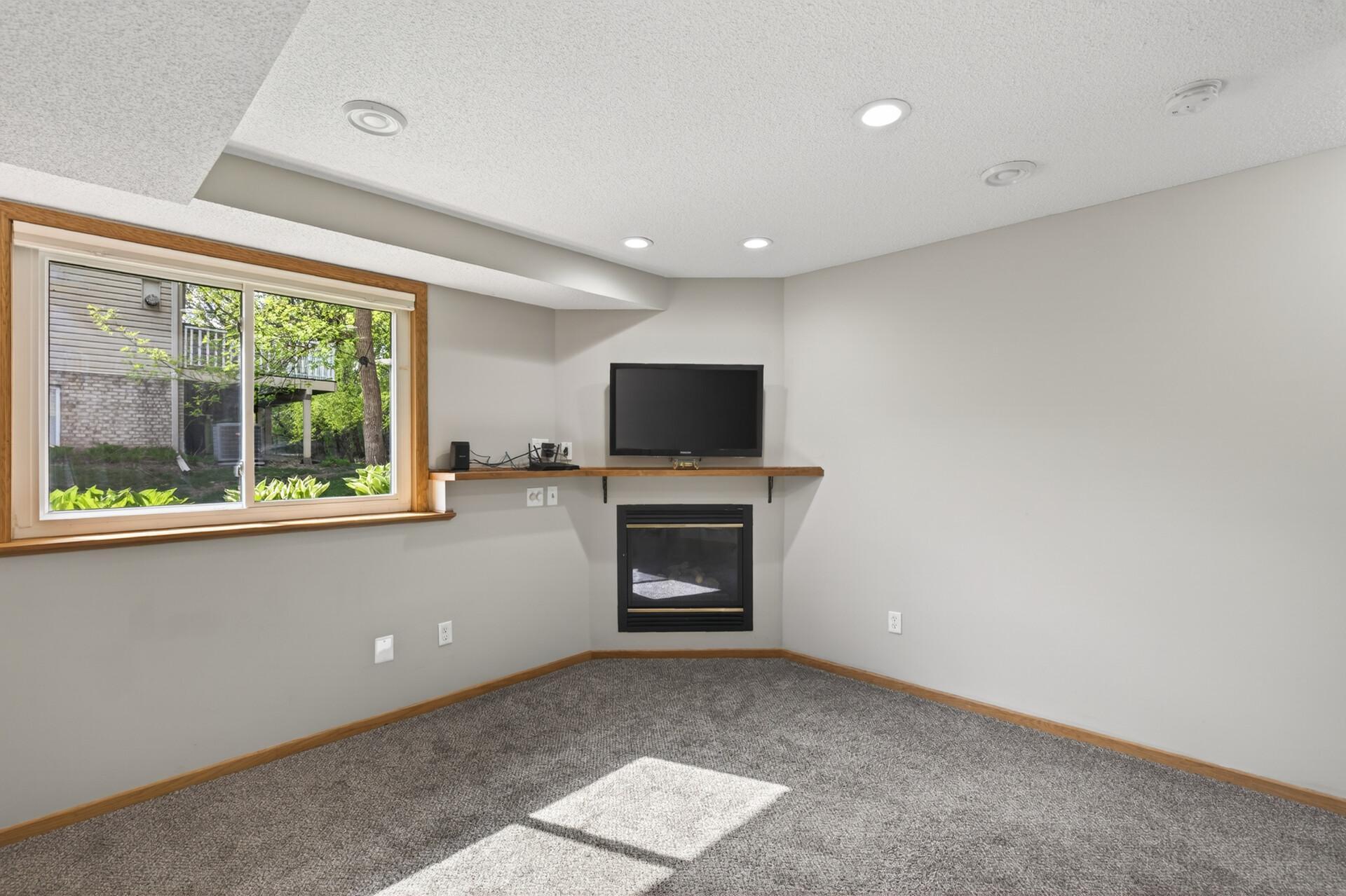 Lower level family room with gas fireplace