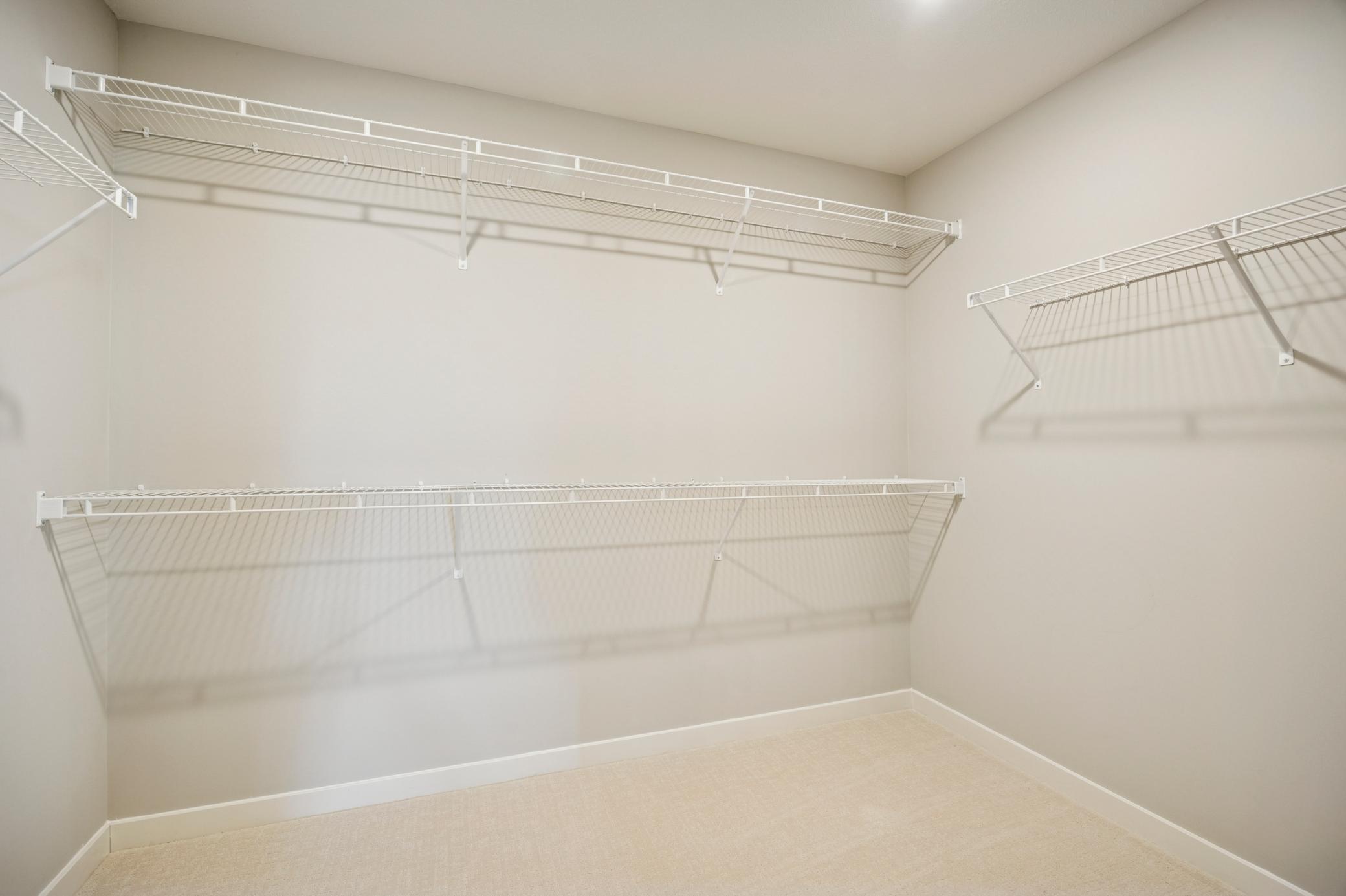 A large walk-in closet provides abundant storage and organization options, offering plenty of room for wardrobe essentials while keeping the space tidy.