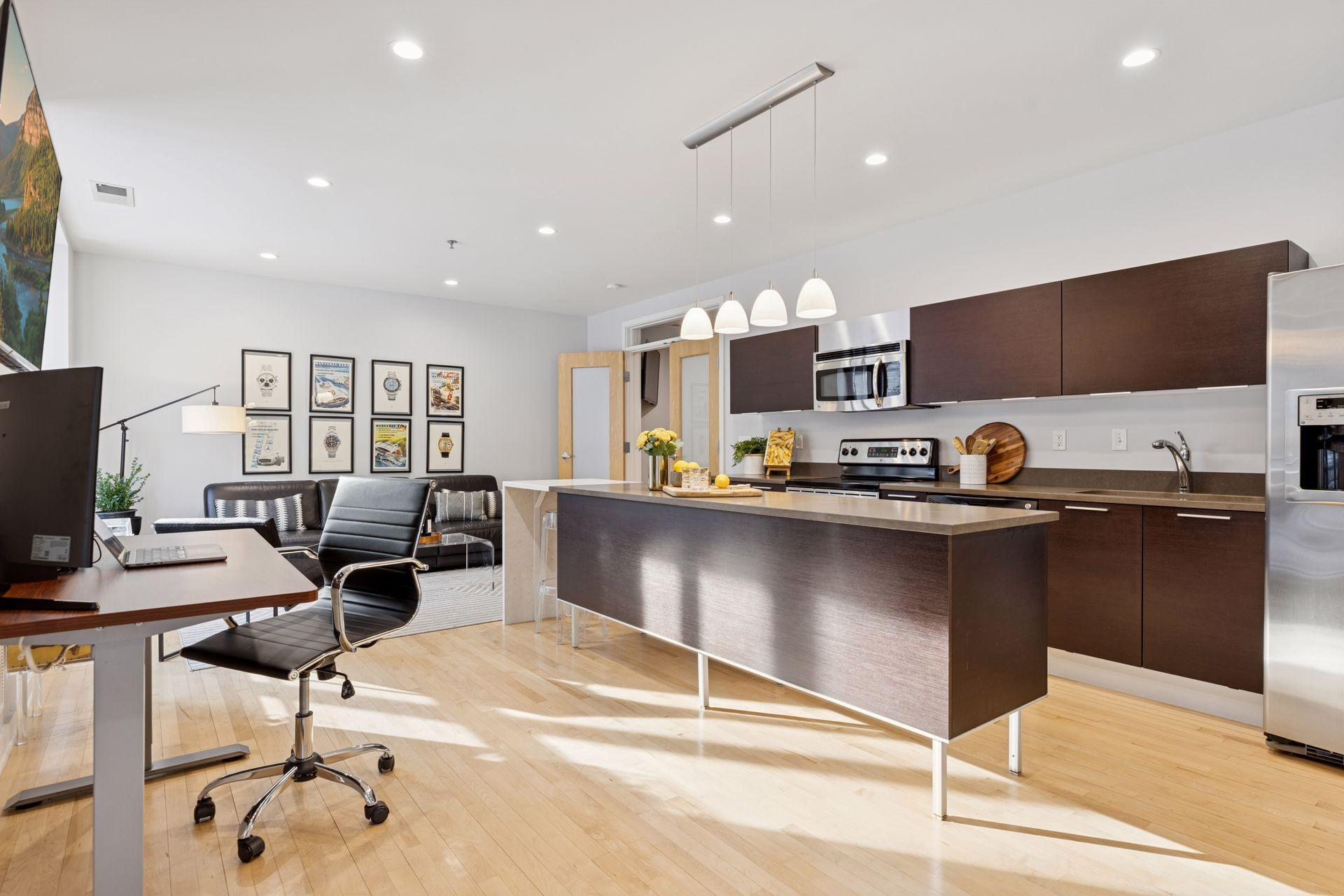 The main living space features maple hardwood floors