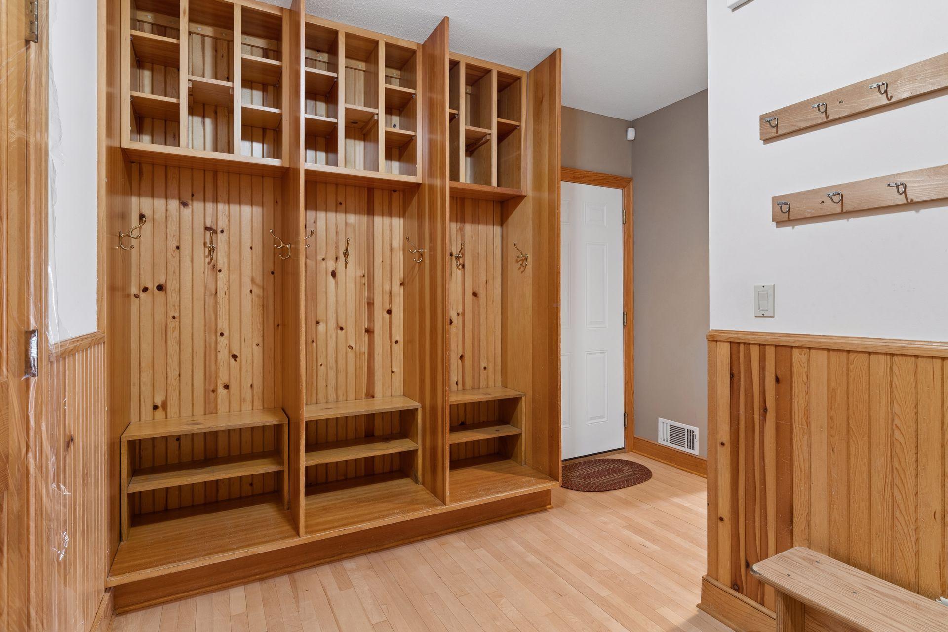 The Mud Room will help keep you organized with built-in lockers, shoe cubbies and coat hooks.