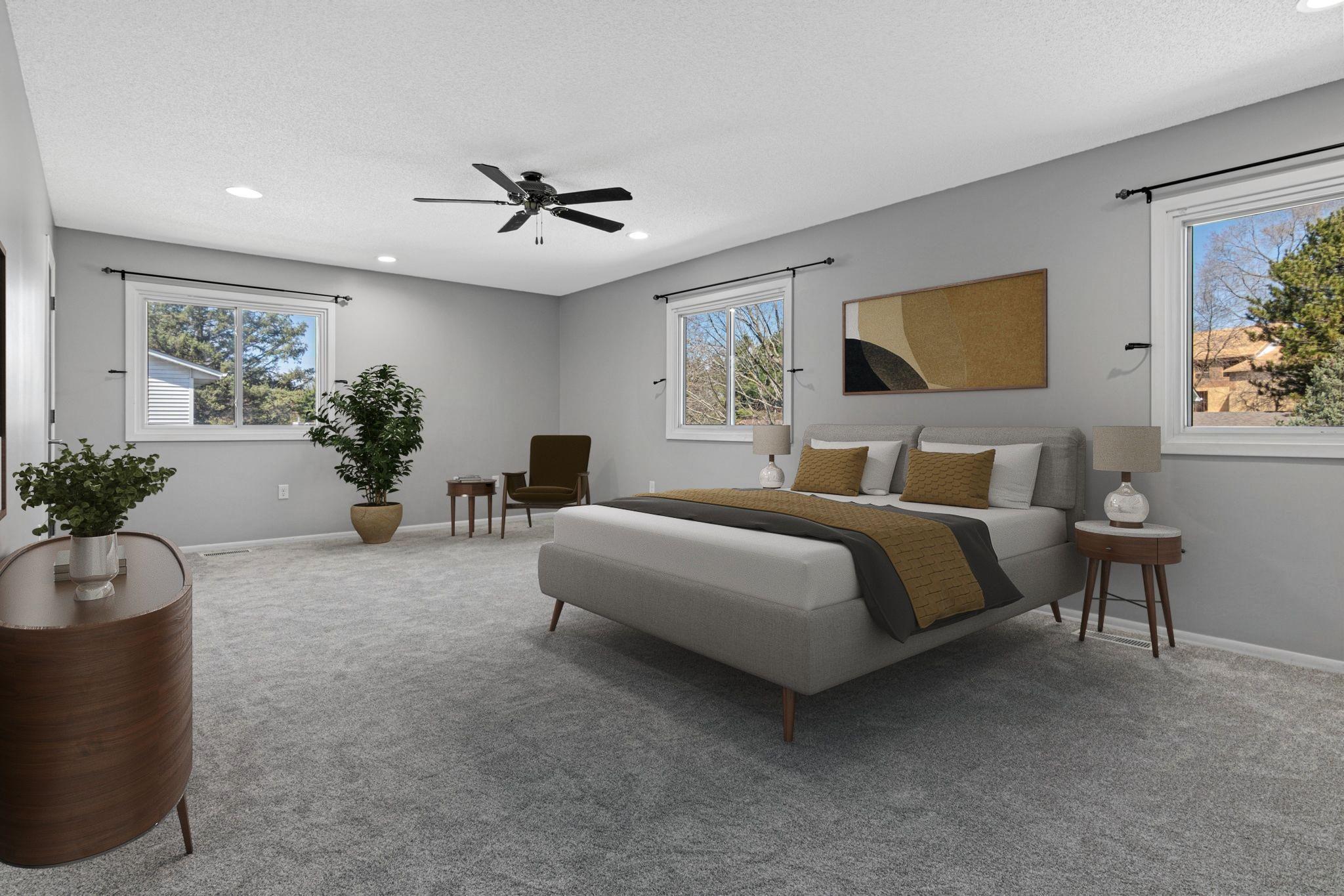 Spacious owner’s retreat with brand new carpet (2026) and great natural light. Visually staged.