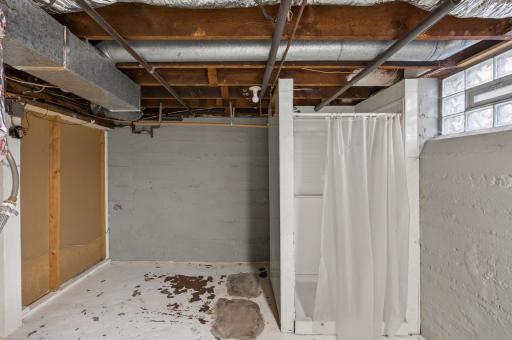 Basement has shower and plumbing was located under 2 cement squares for toilet and sink
