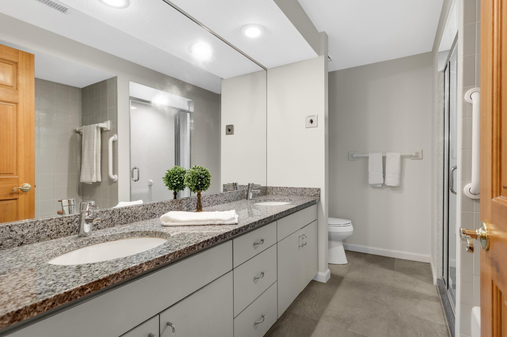 Lower level full bath with dual sinks and vanity area. Separate tub and shower, lovely tile work on floor.
