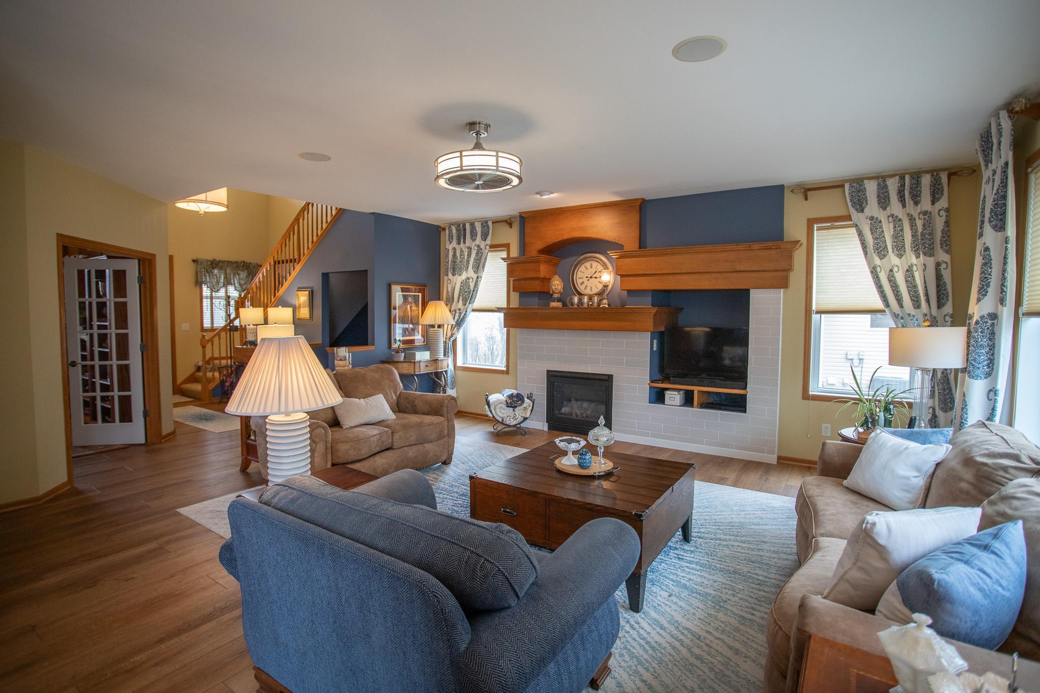 Main-floor living room with custom built-ins