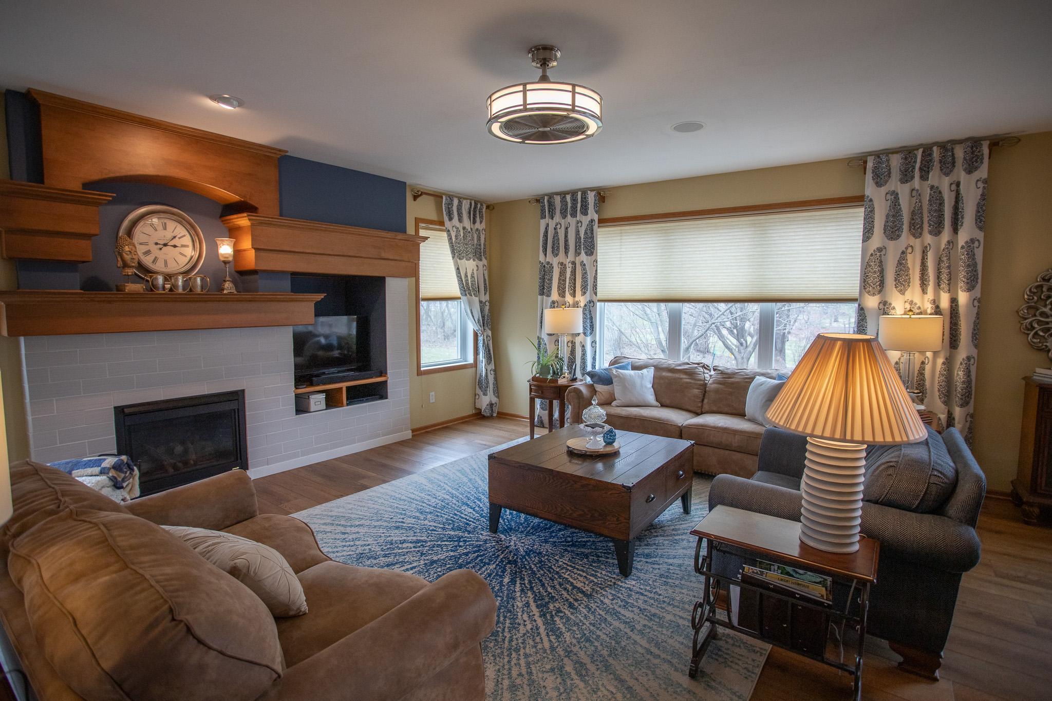 Main-floor living room with custom built-ins