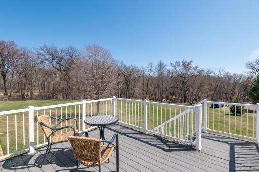 Deck with views of the backyard and woods