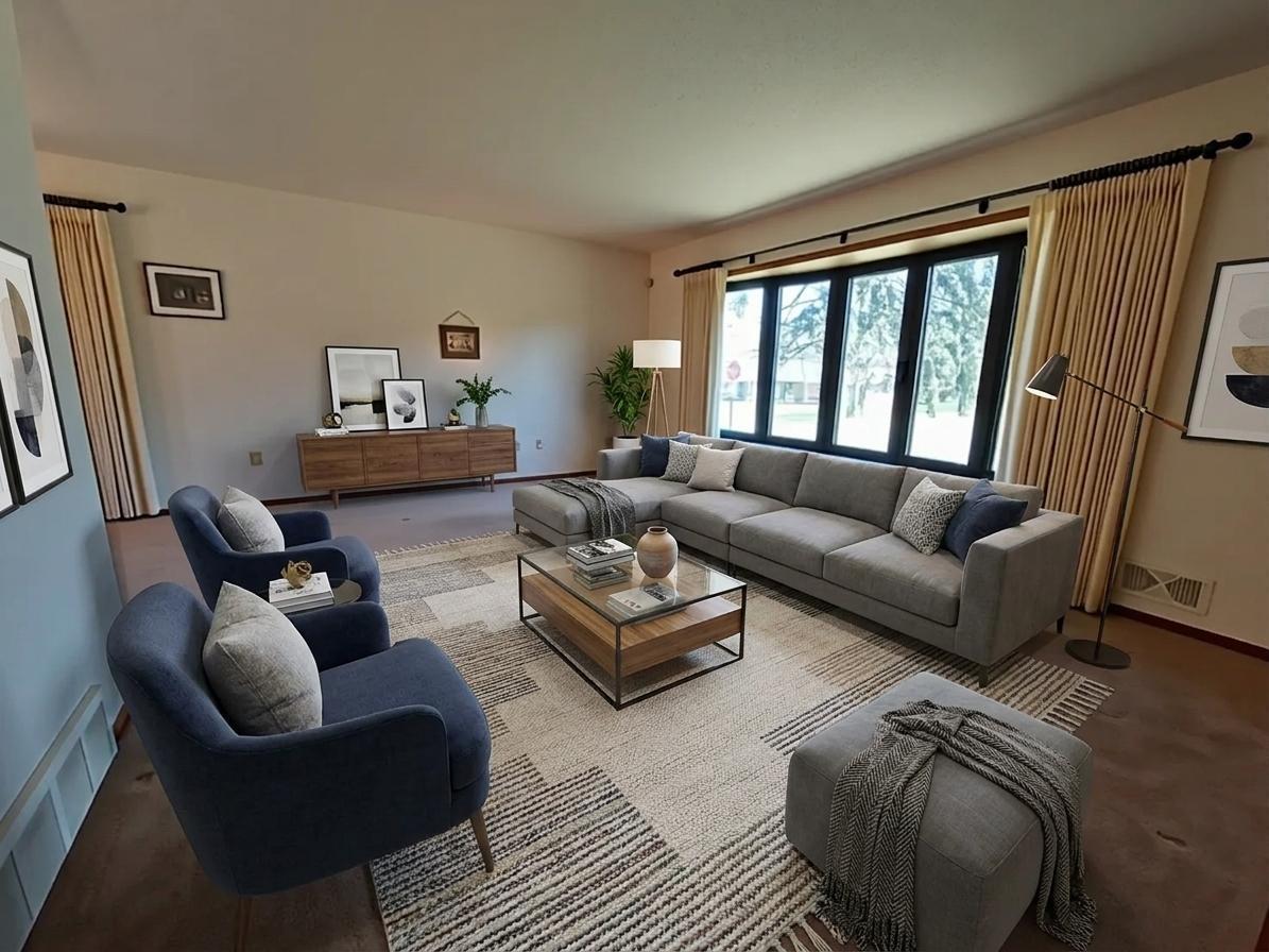 Beautiful bow window brings in an abundance of natural light, just a few steps up from the grand foyer. This space flows nicely into the formal dining. virtual staged