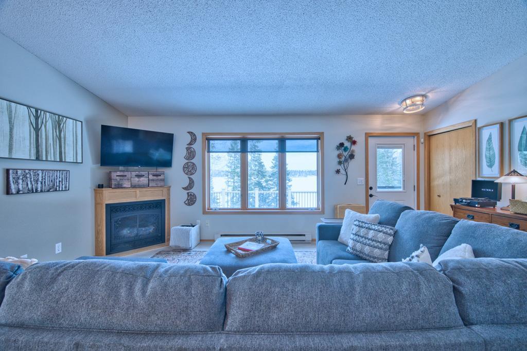 Living room with gas fireplace and lake view. New blinds (2024).